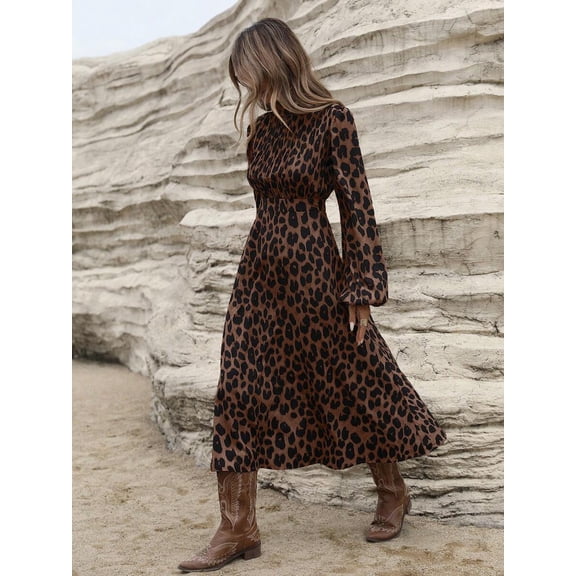 Brown Leopard Print Ruched Front Long Sleeve Midi Dress With Belt For Women