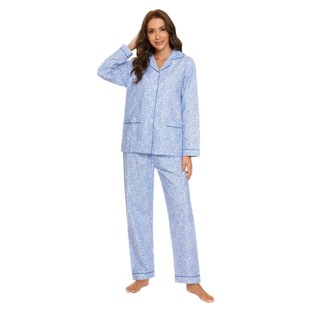 GLOBAL Women's Flannel Pajama Set - 100% Cotton, Button Down Top & Drawstring Pants | Warm Winter Sleepwear for Canada