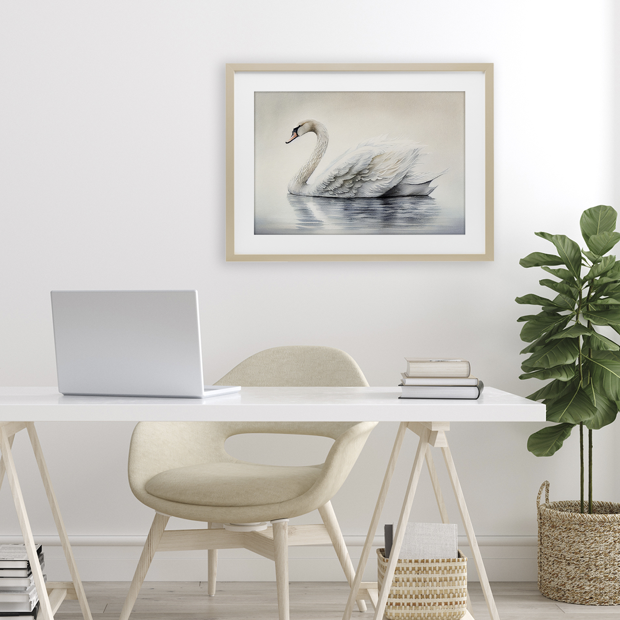 Elegant Floating Swan Birch Framed Print Under Glass, design by Sasha
