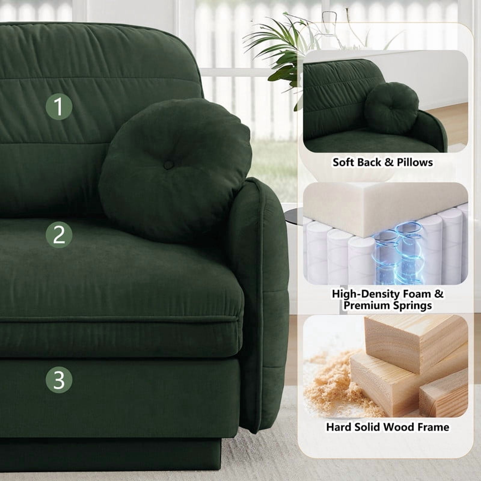 Chenille Modular Sofa with Ottoman, 2-Seater Deep Seat Cloud Couch, Convertible Sectional Sofa with Quilted Cushions & Round Pillows, Modern Sofa for Living Room, Apartment,Green