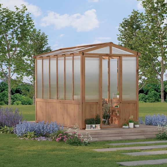 6x10FT Cedar Frame Wooden Walk-In Greenhouse, 6MM Polycarbonate Panel Plant Shelter for Outdoor Backyard Gardening
