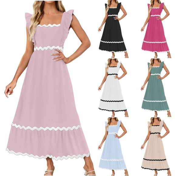 Sentmoon Modest Dress Regular Fit Short Sleeve Crew Neck 2026 Summer Dress for Women with Pockets Patchwork Maxi Dress Trendy for Going Out and Party XL