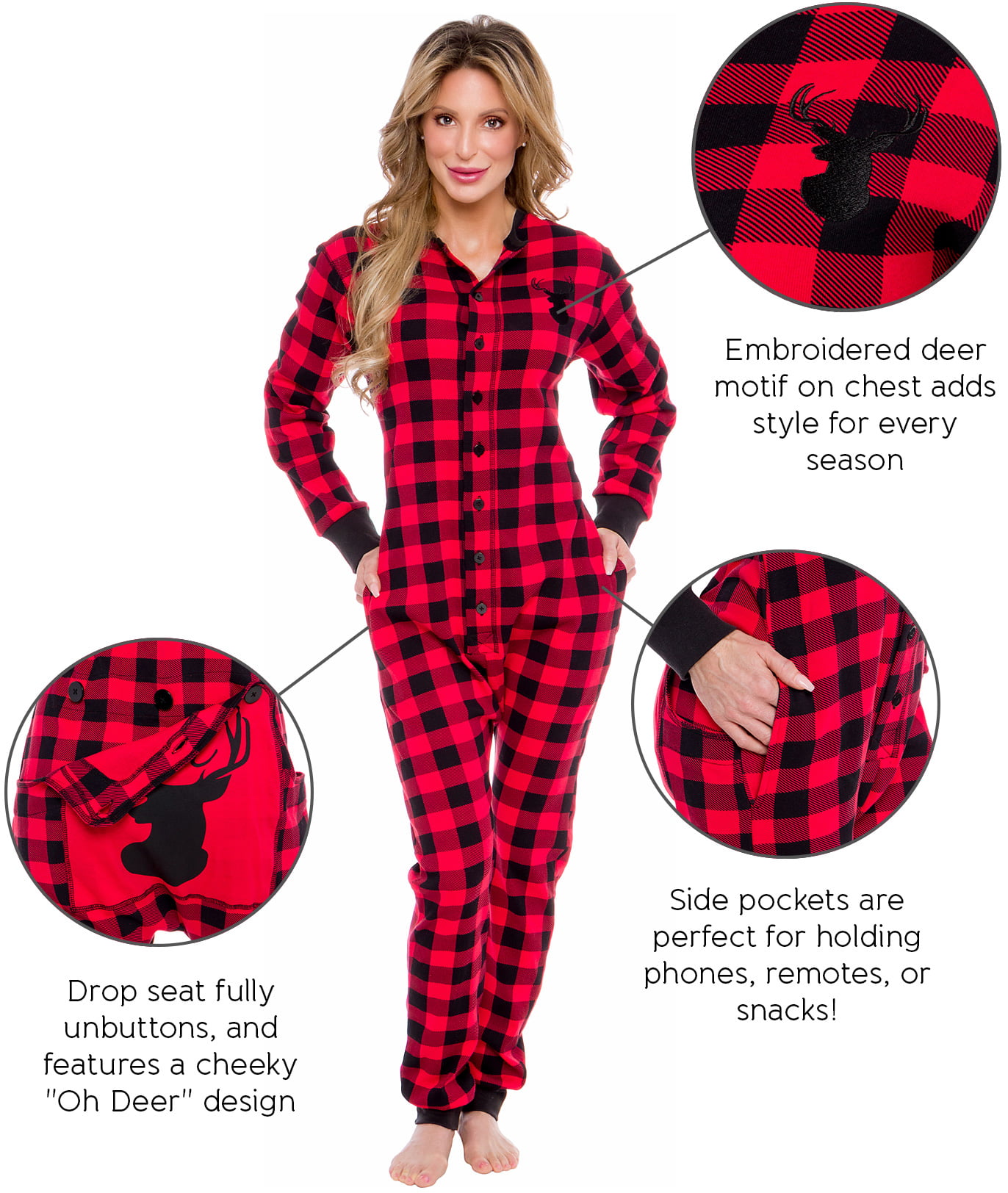 Oh Deer Buffalo Flannel One Piece Pajamas Womens Union Suit Pajamas with Drop Seat Butt Flap by Silver Lilly