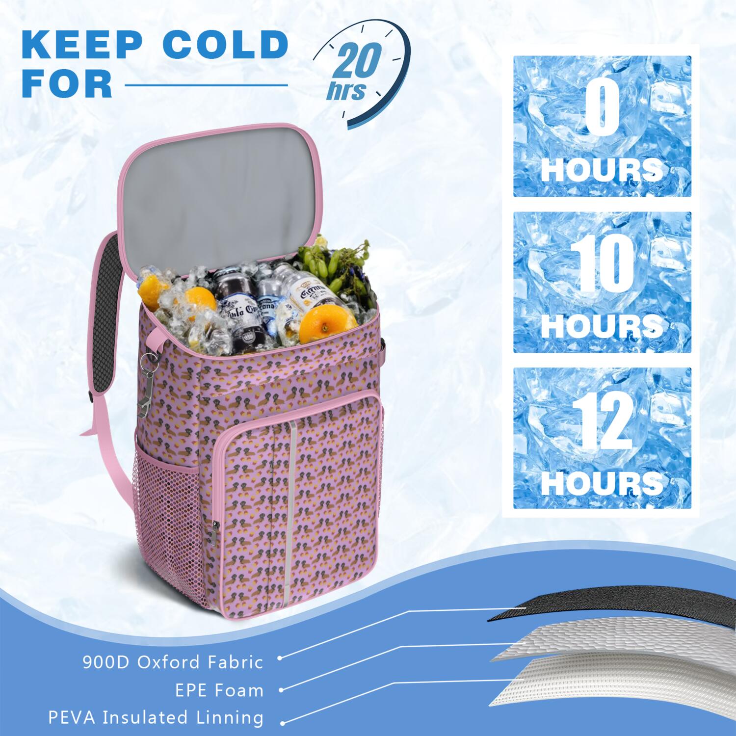 Travel Cooler Bag - Pink Dachshund Chips Camping Beer Cooler Backpack with Bottle Opener- Waterproof Insulated Picnic Backpacks - Cooler Bag for Beach