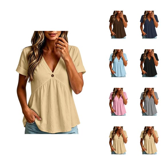 Linen Shirts for Women Short Sleeve Casual V Neck T Shirt Peplum Tops Summer Blouses Beach Vacation Outfits