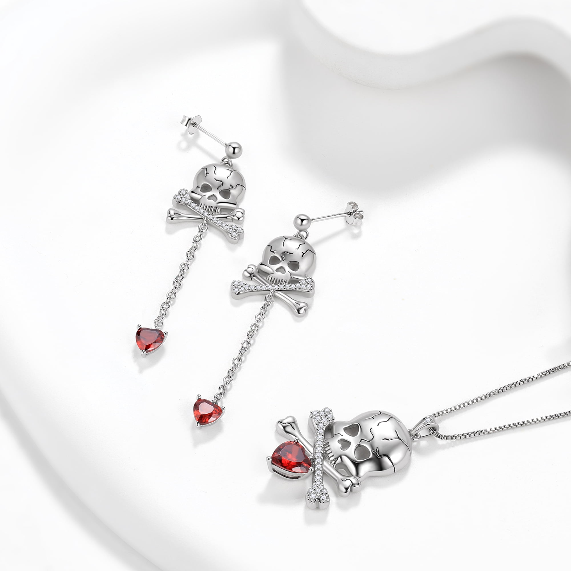 Beautlace 925 Sterling Silver Skull Jewelry Set,Halloween Skeleton Skull Pendant Necklace/Drop Dangle Earrings Gothic Vintage Skull Jewelry Set for Women