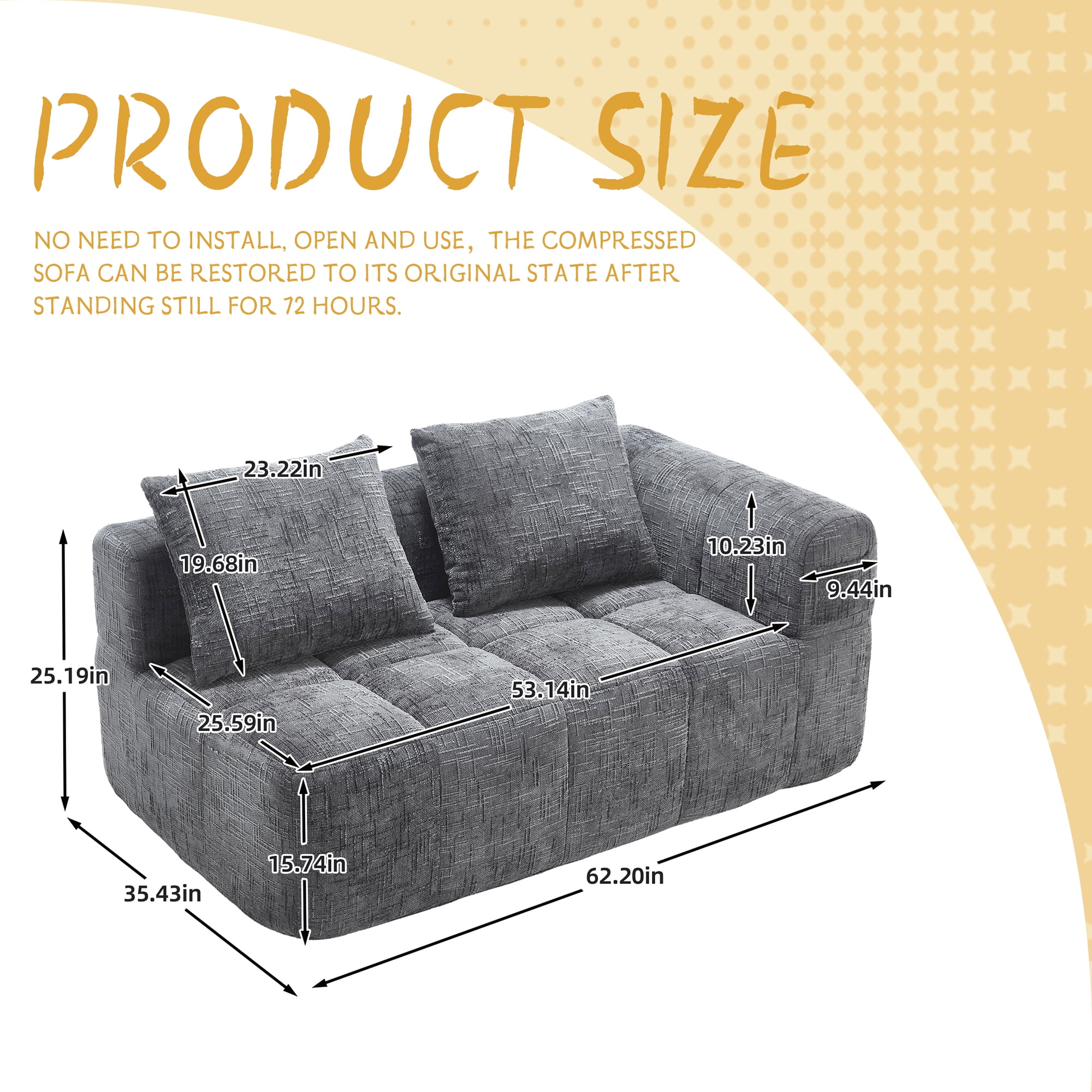 MOONMISS Chenille Upholstered Modern 2-Seater Lazy Compression Sofa with Small Side Pocket-Gray