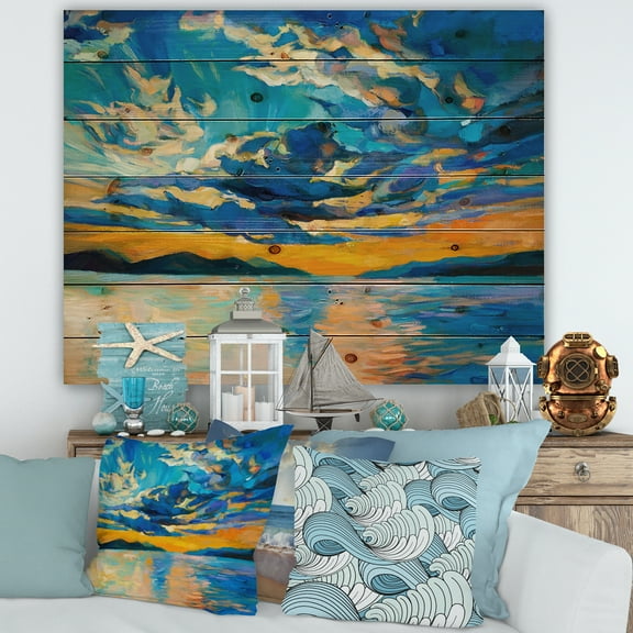 Designart 'Cloudy Sunset Over Wide Open Ocean Horizon' Nautical & Coastal Print on Natural Pine Wood