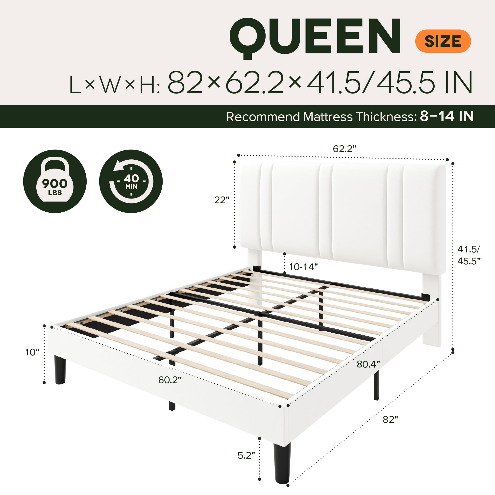 Einfach Queen Size Frame, Velvet Fabric, Noise-Free, White – details