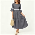 thumbnail image 6 of QUNYINEY Women Dresses Casual Faux Cotton Linen Long 3/4 Sleeve A Line Dress Lace Solid Crew Neck Flowy Loose Fit Dresses, 6 of 8