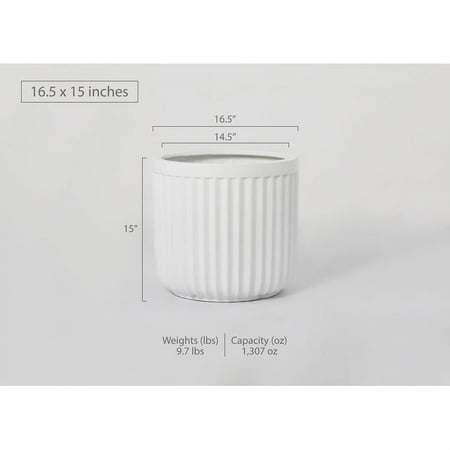 Indoor/Outdoor Large Nordic Minimalist Fiberstone Lightweight Short Round Planter Pot With Grooves - 16  13  11 in Matte Finish White 15 In. H x 16.5