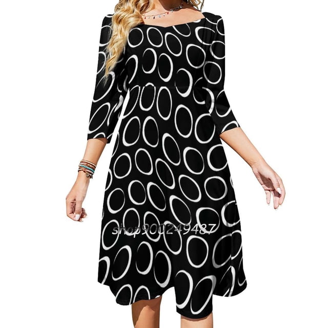 Vestido de cuello cuadrado con estampado minimalista retro de círculos irregulares en blanco y negro, nuevo vestido elegante ajustado a la cintura para mujer de talla grande