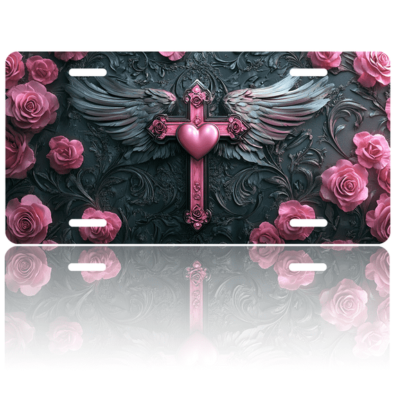 1 Pcs 2D Flat License Plate Covers & Frames, Pink Cross For Decorative Front, Waterproof For Decoration Aluminum License Plate Covers & Frames Cover For Men Women, 12" X 6"