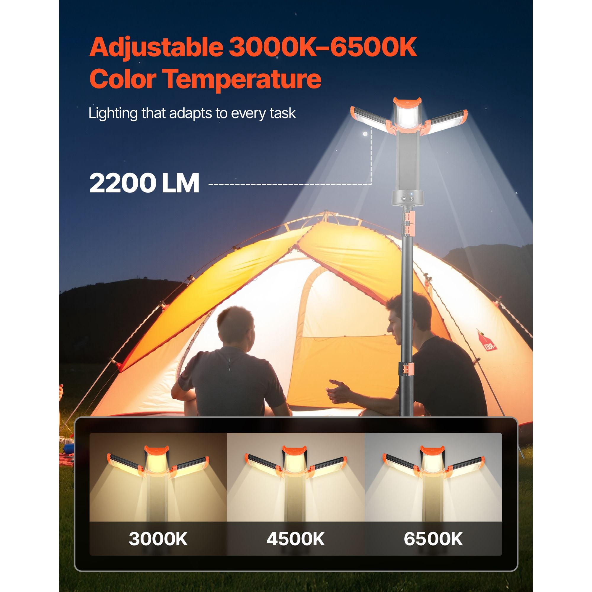 Tripod LED Work Light 2200lm 3000K-6500K 8Ah Battery IP65 Waterproof for Outdoor Construction Camping