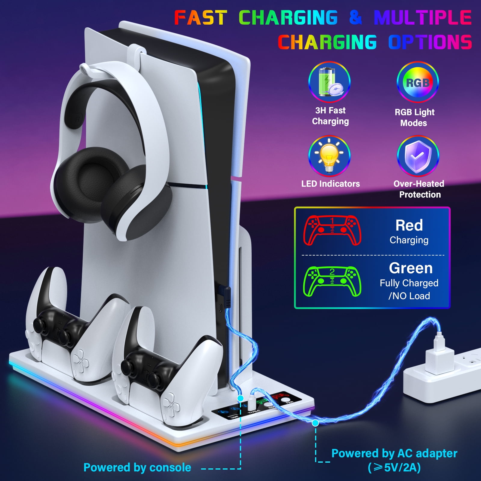 PS5 Stand Cooling Fan with PS5 Controller Charger for PlayStation 5 Slim,Disc & Digital ZRZLMVP PS5 Accessories with PS5 Cooling Station,3 Levels Adjustable Fans Speed -White