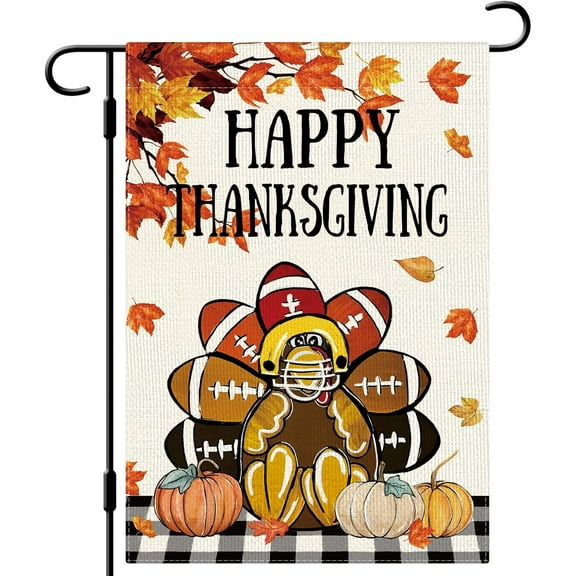 Happy Thanksgiving Garden Flag Fall Turkey Football Flag 12.5x18 Double Sided Vertical Burlap Farmhouse Yard Flag Thanksgiving Holiday Outdoor Decor