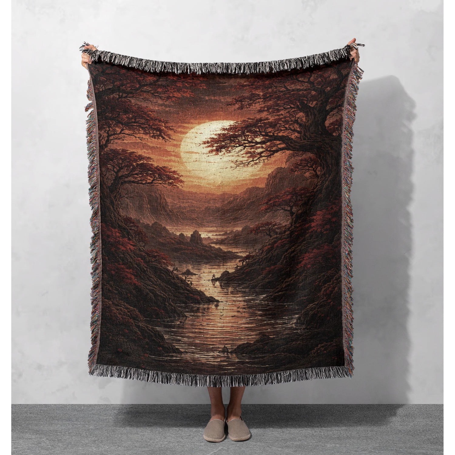 Fantasy Landscape Cotton Woven Throw Blanket with Fringe 60 x 50 in Living Room Decor