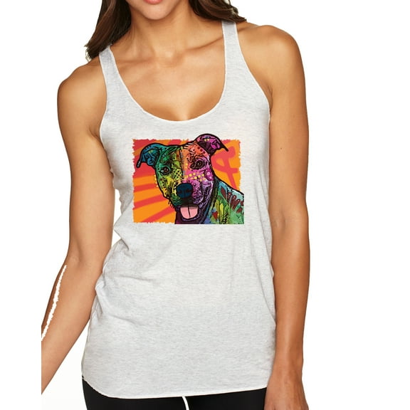 Wild Bobby, Cute Smiling Neon Pitbull Dog Breed Dog Lover Tri-Blend Racerback Tank Top, Heather White, Medium