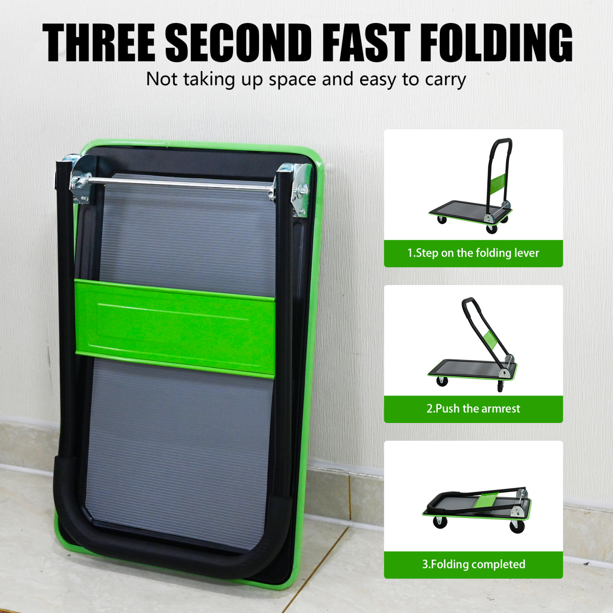 Flatbed Cart, 330lbs Heavy Duty Capacity Platform Hand Truck 360 Degree Swivel Wheels Foldable Push Hand Cart for Loading and Storage, Warehouse-Green