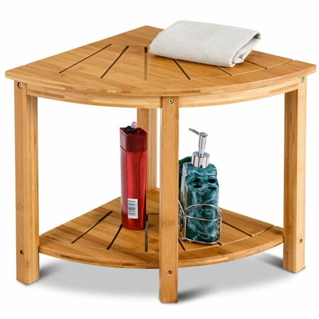 - Gymax Corner Shower Beach Bamboo Spa Seat Stool Bathroom Organizer