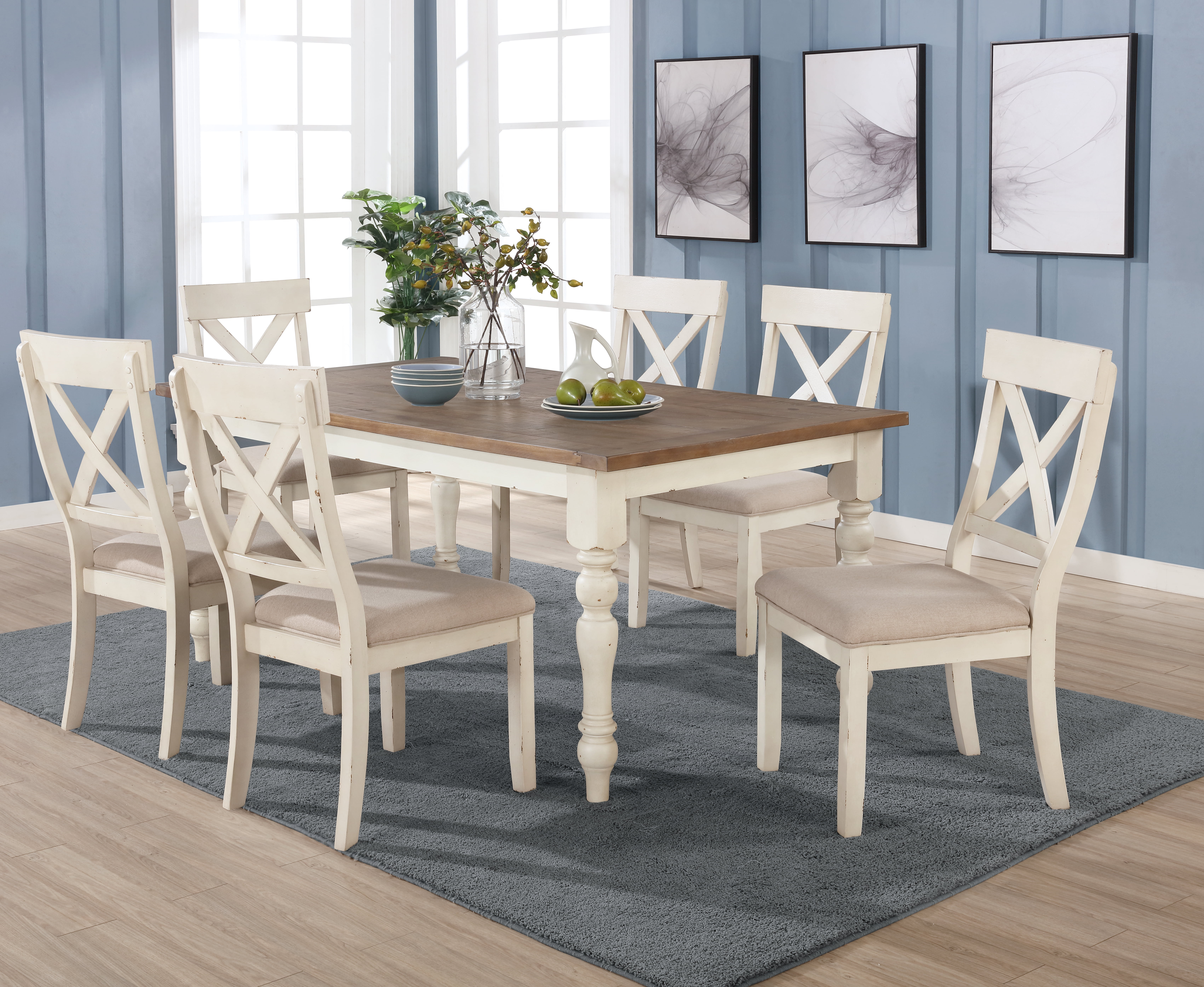 Roundhill Furniture Prato 7 Piece, Distressed White Dining Room Table Set
