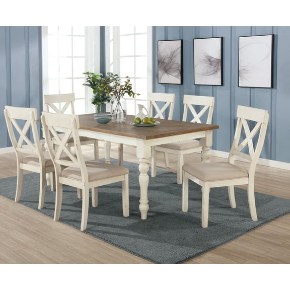 Roundhill Furniture Prato 30'' Height 7-piece Dining Set, Antique White and Distressed Oak