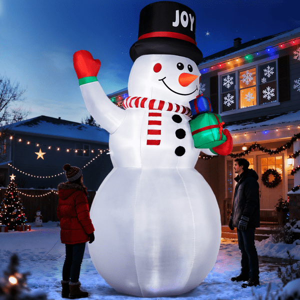Giant 12FT Christmas Inflatable Snowman, 3 White LEDs + 1 Light Panel, Gift-Holding Waving Design, Weatherproof Polyester for Yard, Store, Indoor