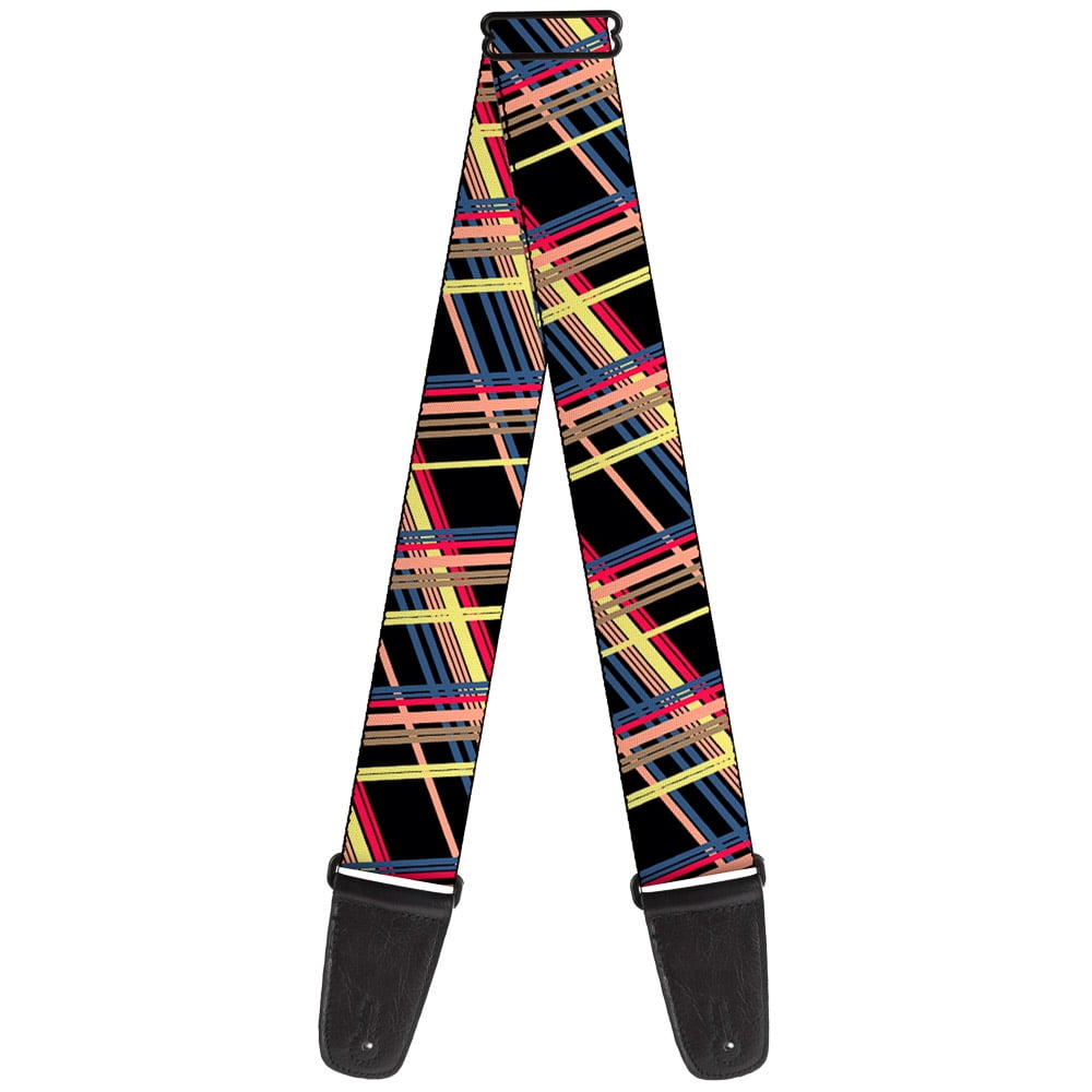 Buckle-Down Guitar Strap, Plaid Black Yellow Red Blue Orange, 2 Inches Wide