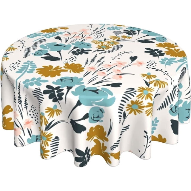 Spring Summer Blue Yellow Floral Round Tablecloth 60 Inch Watercolor Flower Table Cloth Reusable Table Clothes Circle Table Cover for Picnic Party Dining Room Home Indoor Outdoor Decor