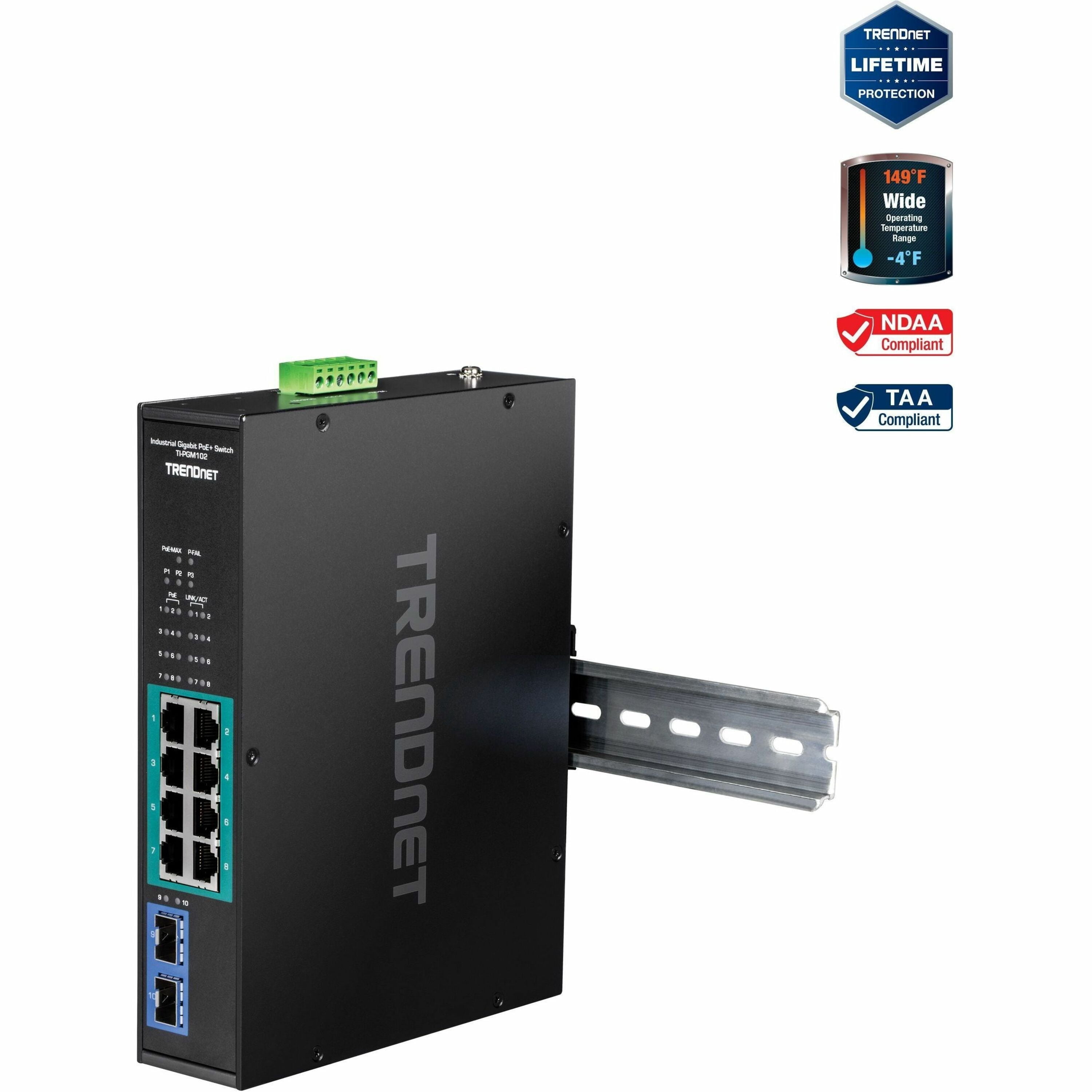 TRENDnet  TI-PGM102, 10-Port Industrial Gigabit PoE+ DIN-Rail Switch 
-20° – 65°C (-4° – 149°F)