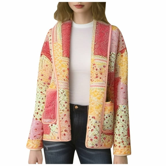 Women's Cropped Floral Quilted Jacket Cardigan Printed Lightweight Open Front Padded Coat Outwear