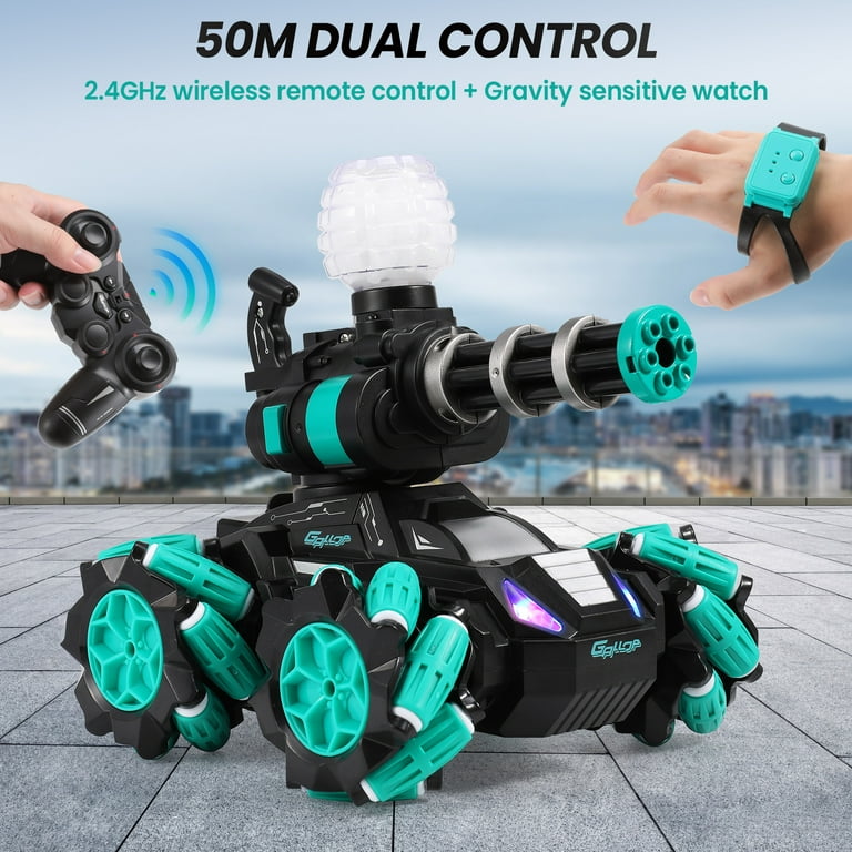 SULOBOM RC Tank Car, Shooting Water Bullets Remote Control Car, Kids Battle Stunt Car, Blow Bubble, Shoot Foam Darts, 360°Rotating, LEDs, Music, Toy Gifts for 6-15 Years Old Boys Girls