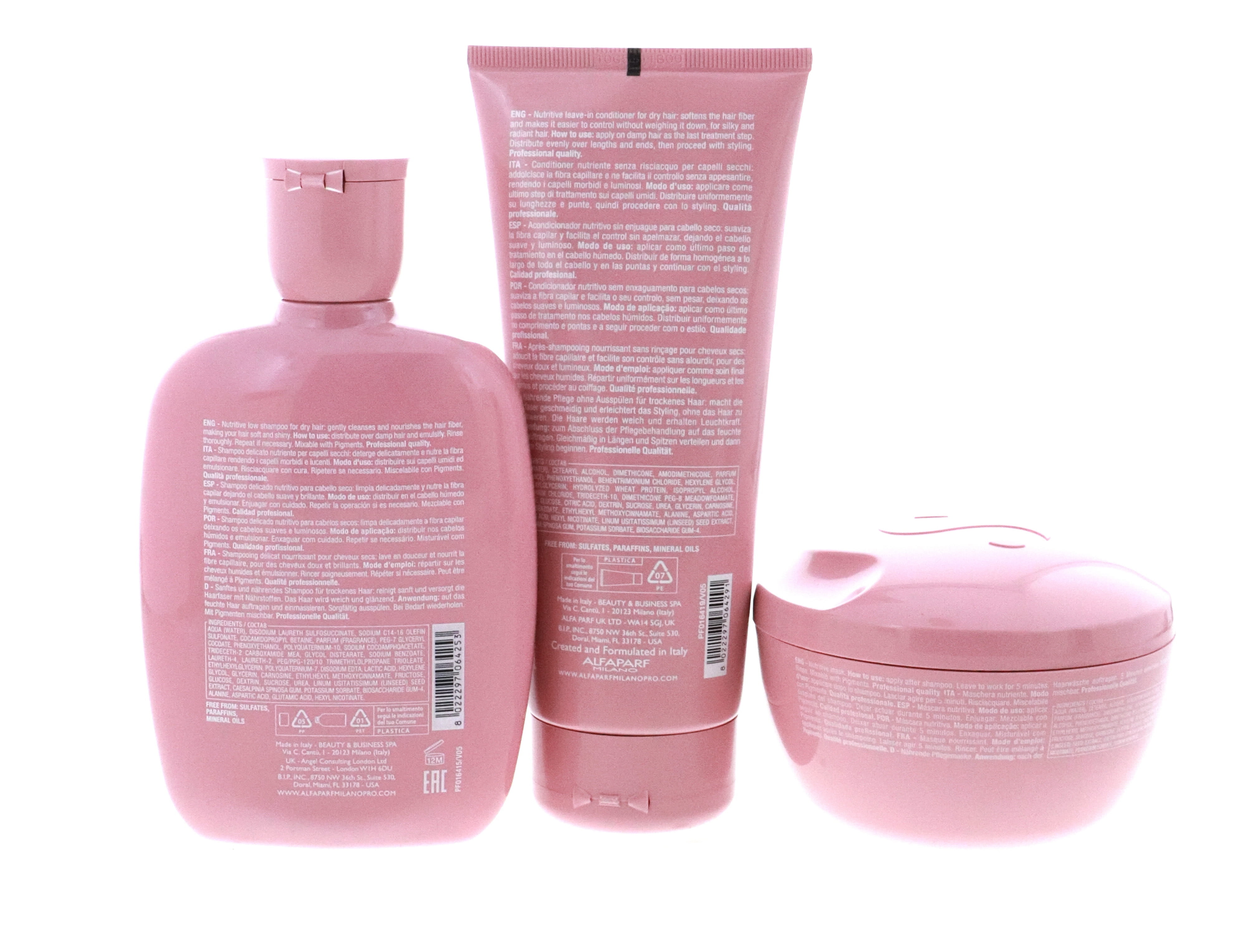 Alfaparf Semi Di Lino Moisture Nutritive Shampoo 8.45oz & Mask 6.76oz & Leave-in 6.76oz