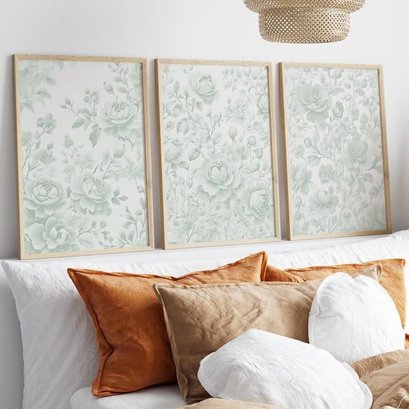 Chinoiserie Wall Art Sage Green Vintage Floral Antique Aesthetic Nursery Art Set 3 Unframed Paper Print 8x12