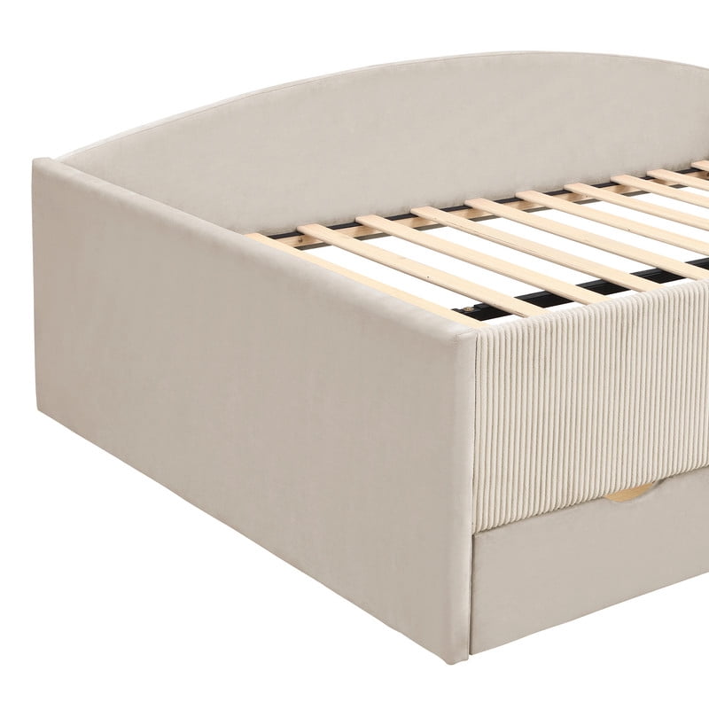 Full Size Kids Daybed Frame with Small Stair & 2 Storage Drawers, Velvet+Corduroy Dual Upholstered Accent Platform Bed