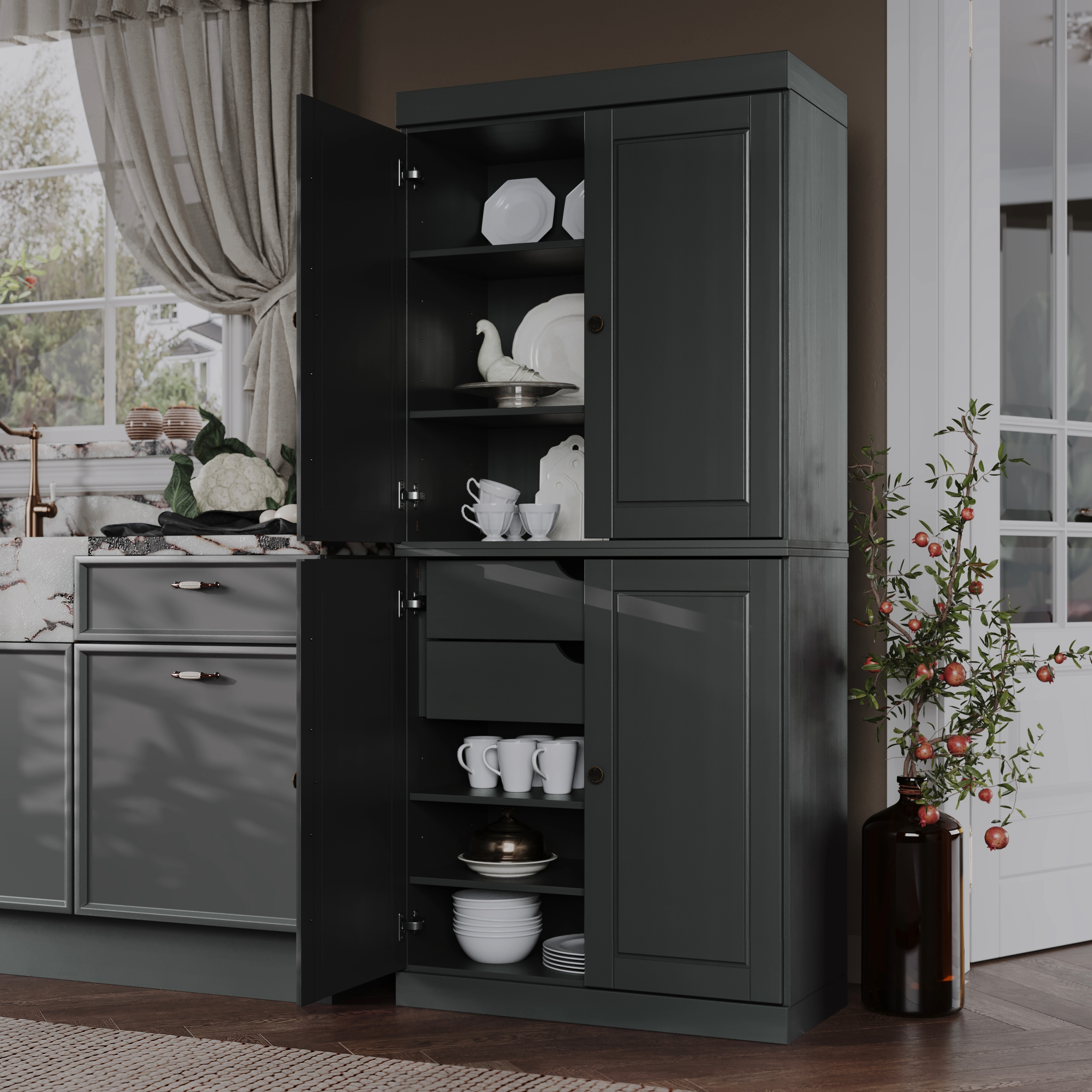 Palace Imports 100% Solid Wood Kitchen Pantry Storage Cabinet with Doors, Adjustable Shelves and 2-Drawers, Gray