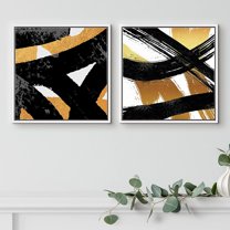 PixonSign Framed Wall Art Print Set Faded Black & Gold Brushstrokes Abstract Shapes Digital Art Modern Art Chic Colorful Multicolor Ultra for Living Room, Bedroom, Office - 24"x24"x2 White
