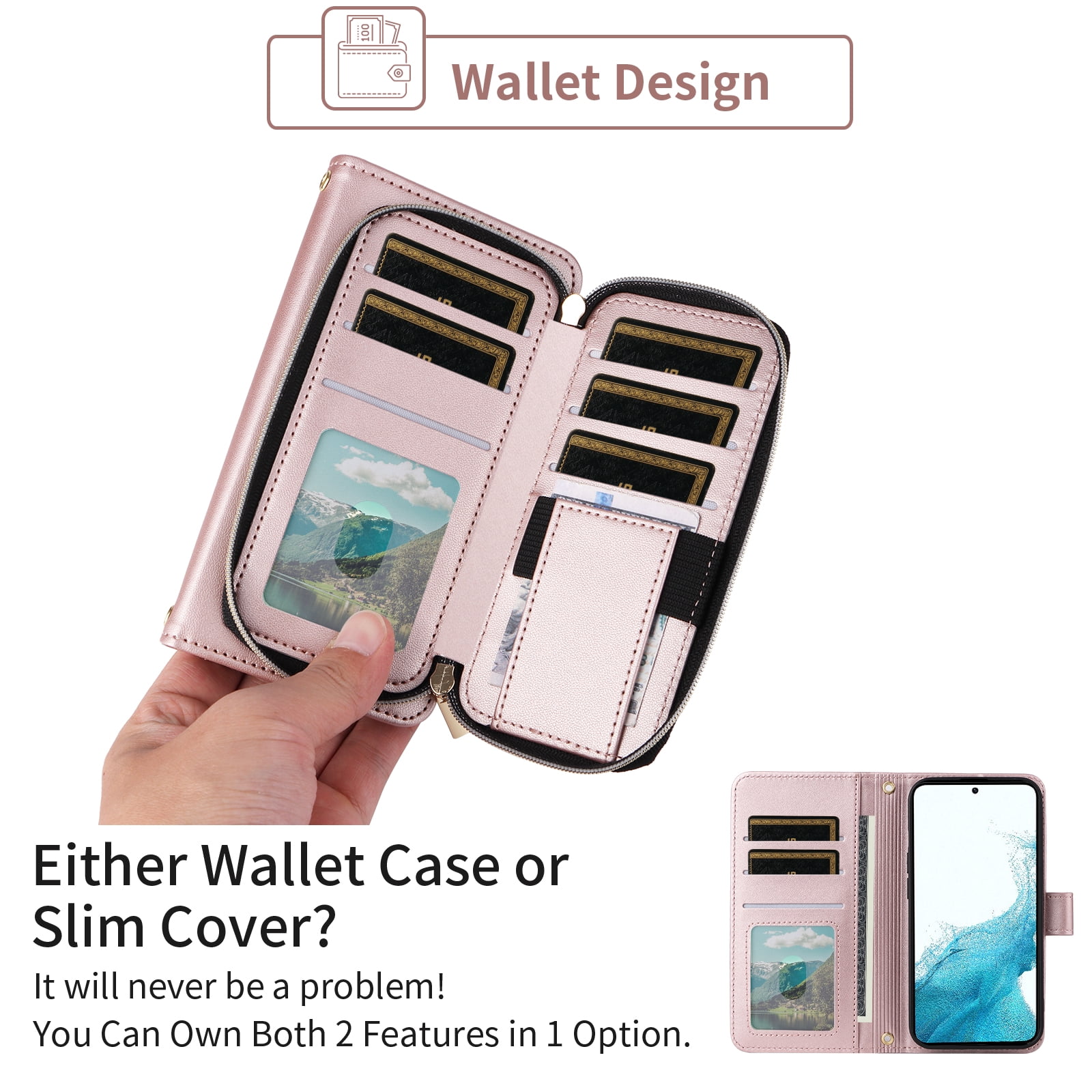 Furiet Wallet Case for Samsung Galaxy S21 Plus S21+ 5G with Wrist Strap, Shoulder Strap, Card Slots Zipper Purse, Leather Stand Cell Phone Cover for S21+5G S21plus 21S + S 21 21+ G5 Women Rose Gold