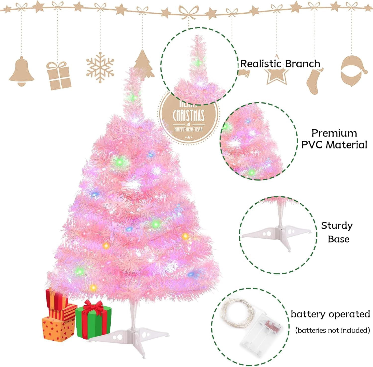 2FT Artificial Christmas Tree with Lights, Lighted Pink Tabletop Christmas Tree with Plastic Stand Light Up Battery Operated Mini Xmas Tree for Party Indoor Outdoor Holiday Home Decoration