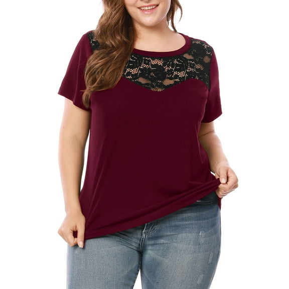 Agnes Orinda Women's Plus Size Lace Insert Short Sleeves Round Neck T-shirts
