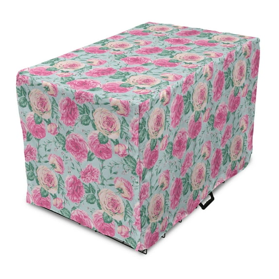 Vintage Rose Dog Crate Cover, Grungy Look Flower Arrangement, Easy to Use Pet Kennel Cover Small Dogs Puppies Kittens, 7 Sizes, Pale Blue Pink, by Ambesonne