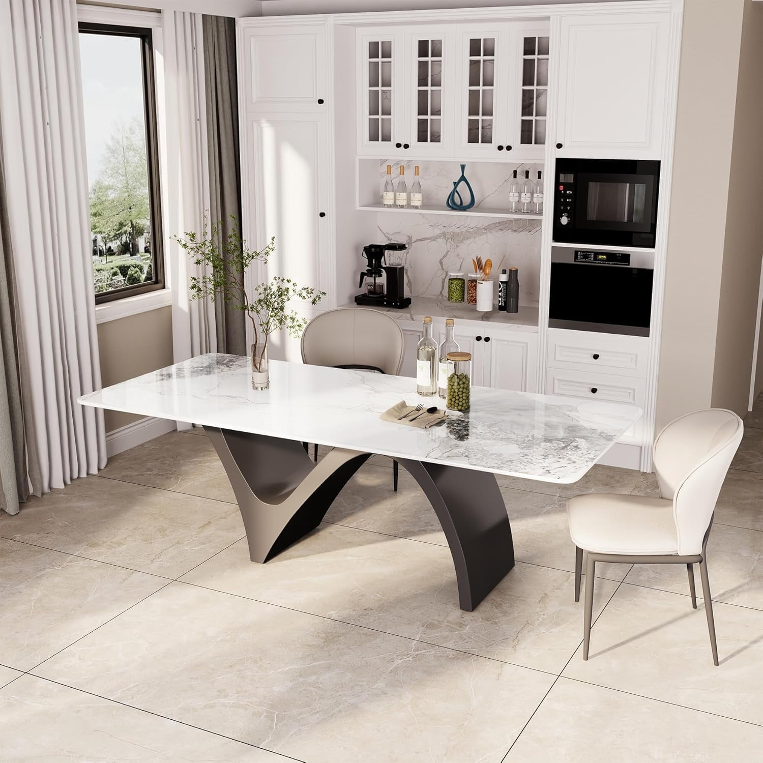 Modern Dining Table for 6, Sintered Stone Dining Tabletop with Unique N-Shaped Metal Base, 71" Rectangle Dining Table for Dining Room Table Kitchen (Table Only)