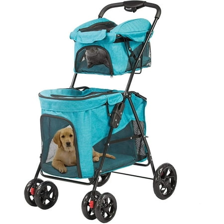 4 Wheels Folding Pet Stroller, Portable Travel Cage Stroller for Cat Kitten Dog, Blue