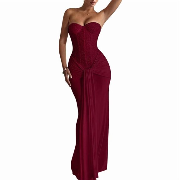 Women'S Evening Gown Waist Tie Slim Fit Ribbon Strapless Dress Elegant Formal Party Maxi Cocktail