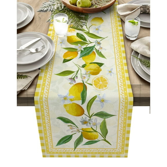 Table Runner Dresser Scarf 13 x 90 Inch Summer Farmhouse Rustic Lemon Yellow Plaid Table Runners Non-Slip Heat Kitchen Dining Table Decor for Indoor Outdoor Home Party Decoration