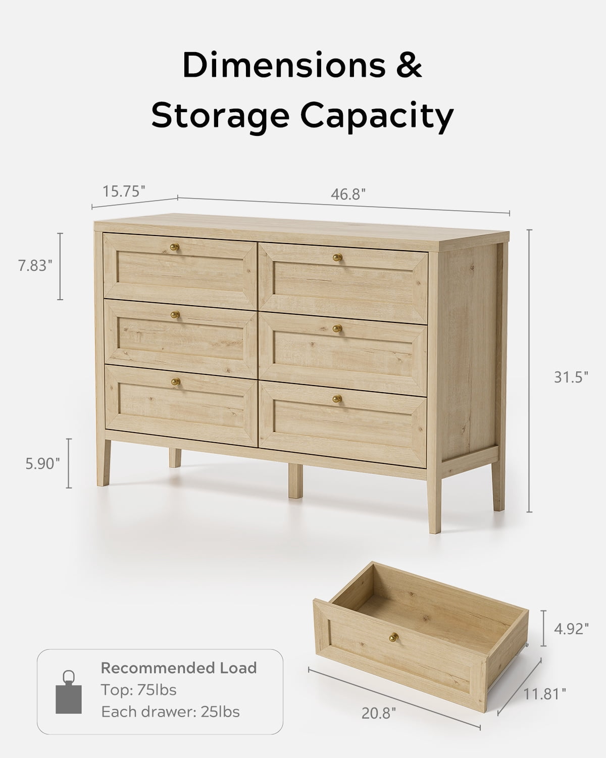 EYYTHUNG Modern 6-Drawer Storage Dresser for Bedroom, Chest of Drawers with Golden Handles, Cabinet Side Table, Light Oak