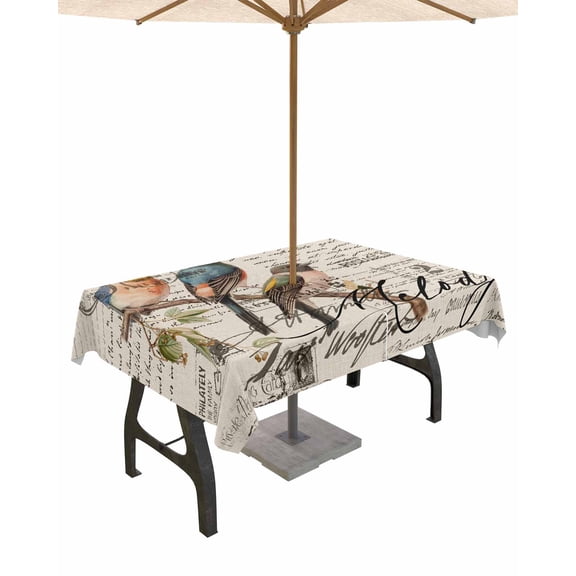 Fsddascl Country Birds Outdoor Tablecloth - 52x70 Inch Dining Table Cover, Envelope Postmark Vintage Farmhouse Botancial Waterproof Outdoor Table Cloth with Umbrella Hole & Zipper for Patio