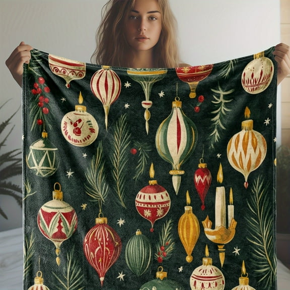 Cozy Comfort, Vintage Christmas Ornament & Candle Print Flannel Blanket - Soft, Warm, and Cozy for Couch, Bed, Car, Office, Camping - All-Season Gift Throw