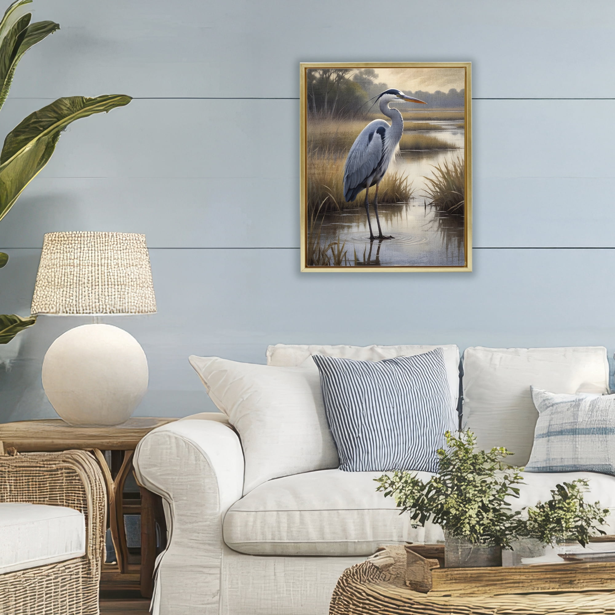 Stupell Industries Heron in Serene Marshlands Gold Framed Floater Canvas Wall Art, design by Susan Arnot
