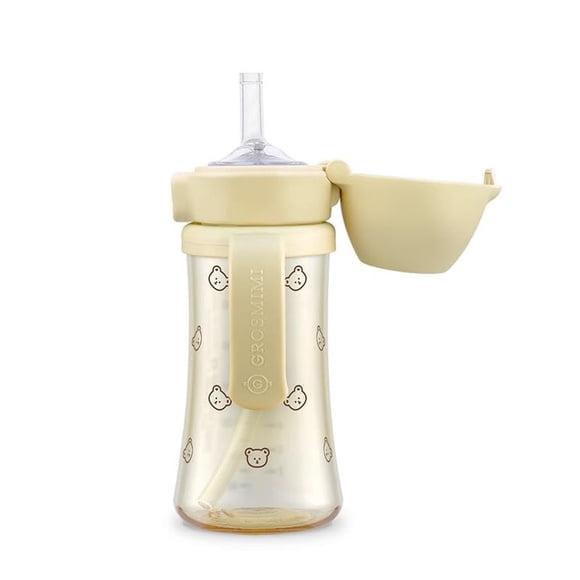 Vaso antiderrames con tapa abatible GROSMIMI, PPSU, libre de BPA, 10 oz, pajilla etapa 2 para niños pequeños (Oso)